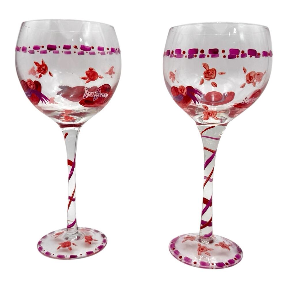 2- Hand Painted Wine Glasses Red Hat Club Girls Night Roses Red Pink EUC